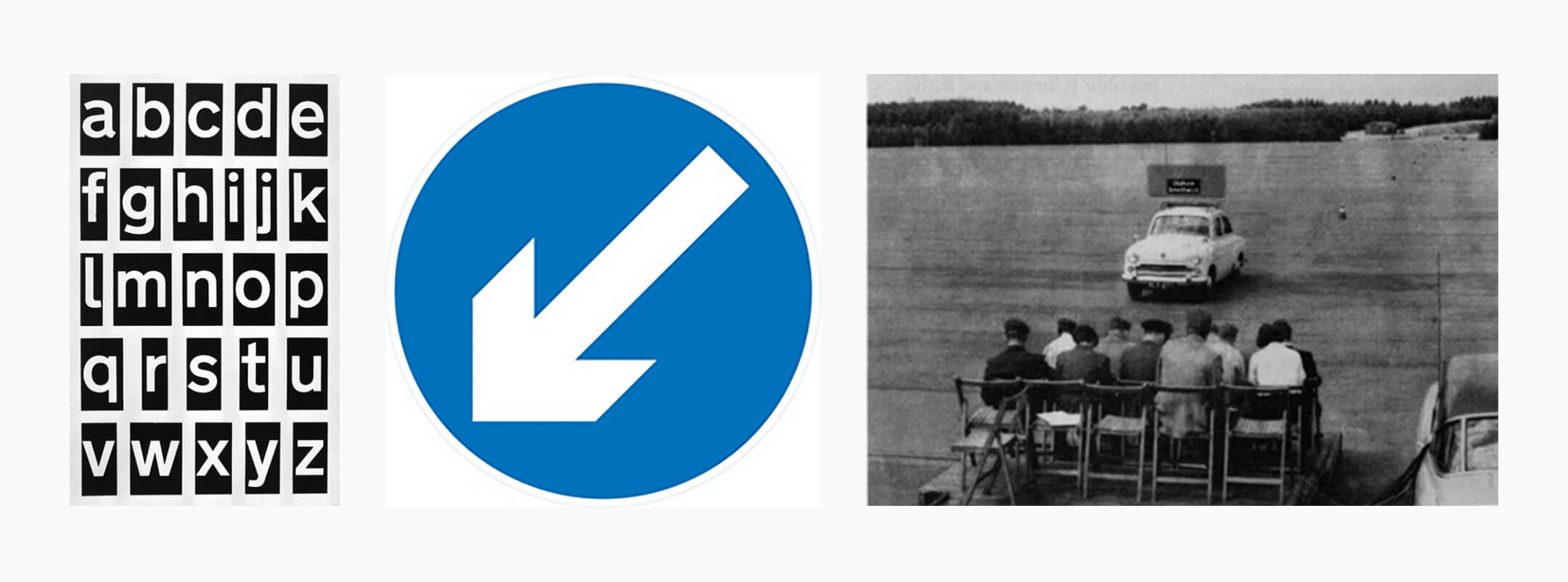 A collage of British road signs: typography, a white arrow sign pointing to the left bottom corner, and an old photo of people sitting as they observe a sign on top of a car.
