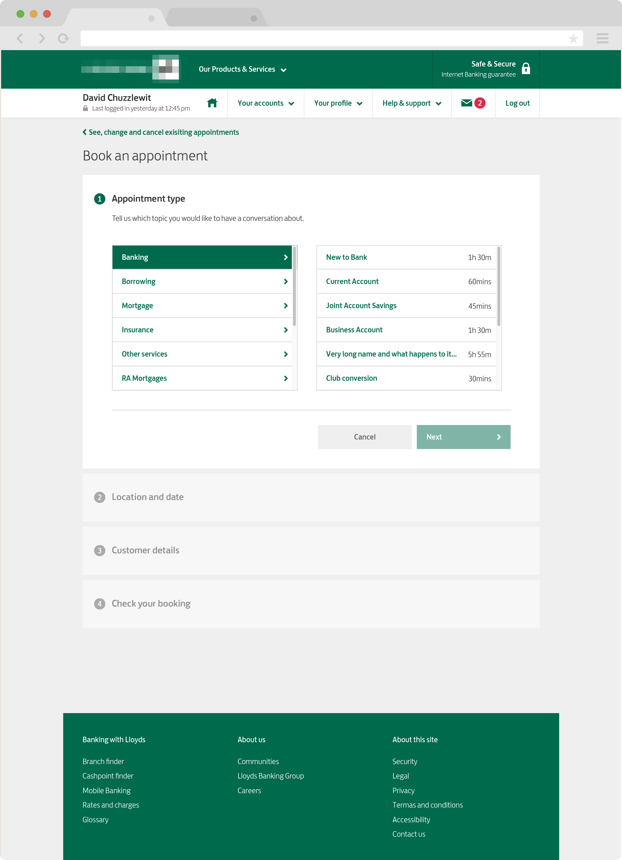 Appointment type section design